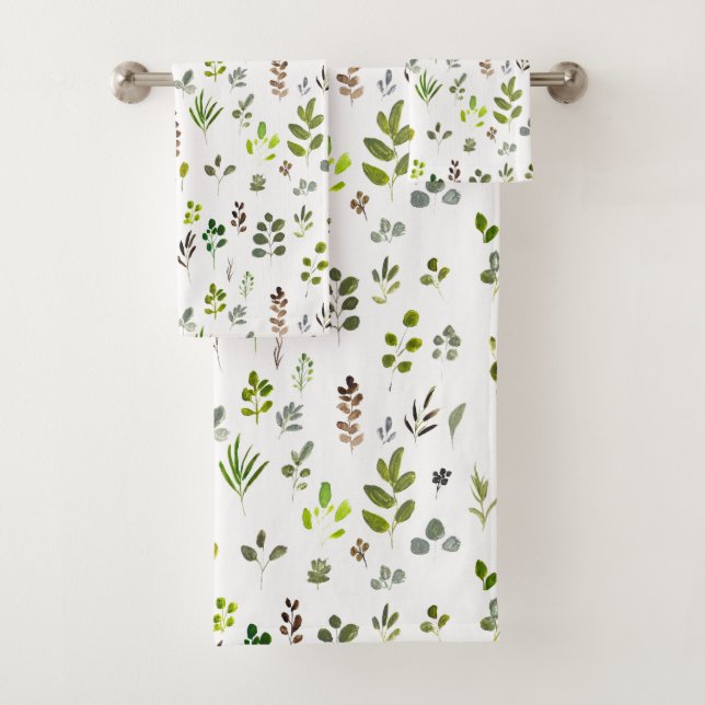 Watercolor Rustic Eucalyptus Leaves Pattern Bath Towel Set (Insitu)