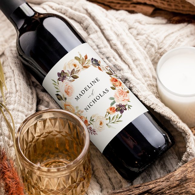 Watercolor Rustic Fall Floral Personalized Wedding Wine Label (Creator Uploaded)