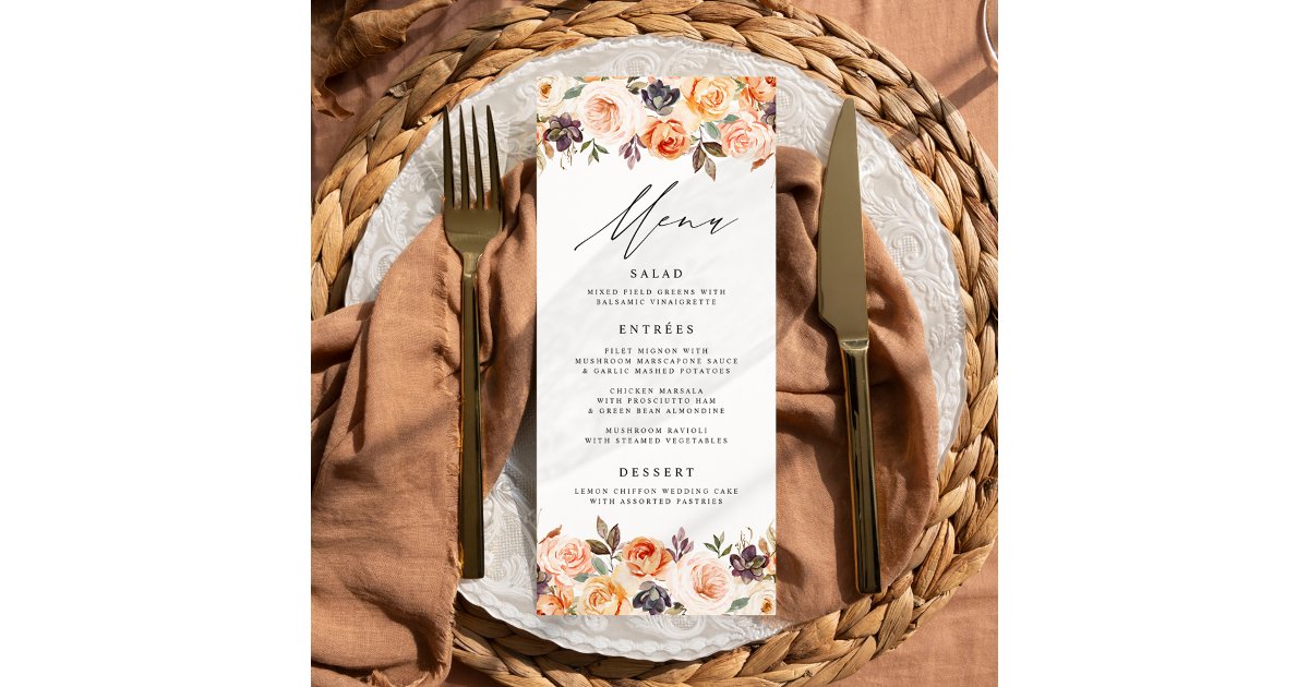 Watercolor Rustic Fall Floral Wedding Menu Card | Zazzle