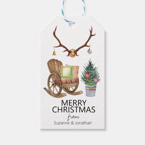 Watercolor Rustic Farm Cabin Deer Antler Christmas Gift Tags