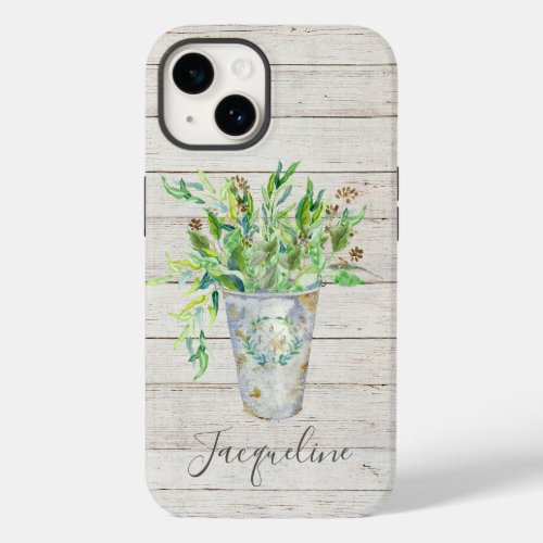 Watercolor Rustic Farmhouse Shiplap Wood Foliage Case_Mate iPhone 14 Case