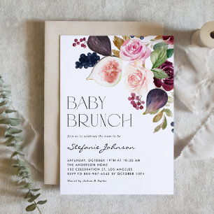 Watercolor Rustic Fig and Berry Floral Baby Brunch Invitation