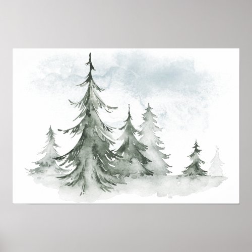 Watercolor Rustic Fir Trees Forest Winter Poster