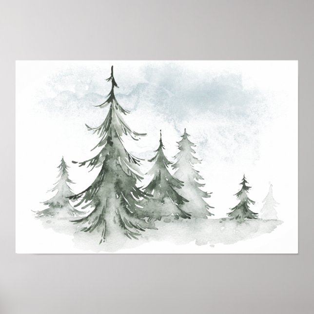 Watercolor Rustic Fir Trees Forest Winter Poster (Front)