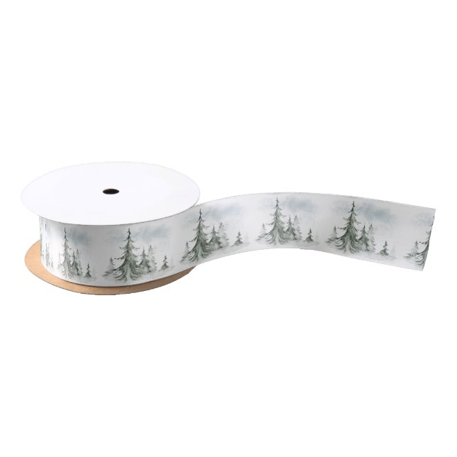 Watercolor Rustic Fir Trees Forest Winter Satin Ribbon (Spool)