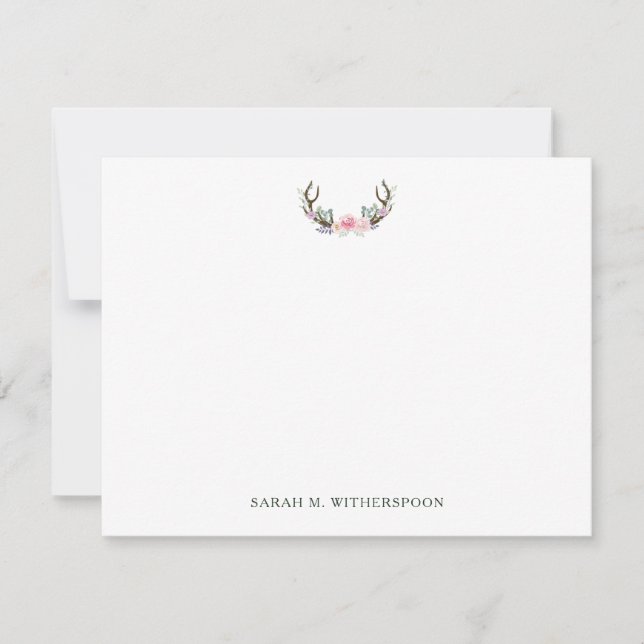 Watercolor Rustic Floral Antlers Note Card (Front)