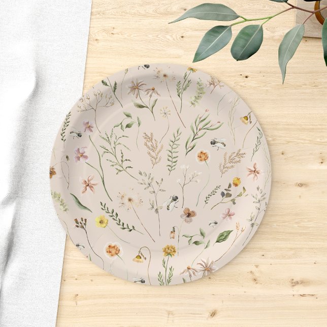 Watercolor Rustic Floral Bee Modern Paper Plates (Creator Uploaded)