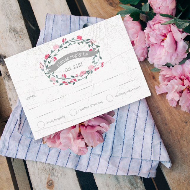 Watercolor Rustic Floral Garland Folk Art Wedding RSVP Card (Creator Uploaded)