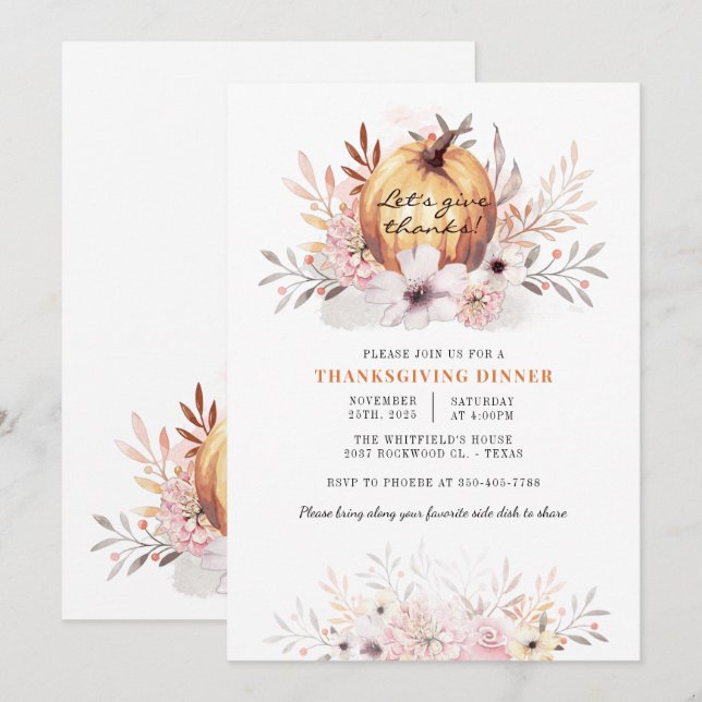 Watercolor Rustic Floral Pumpkin Thanksgiving Invitation (Front/Back)