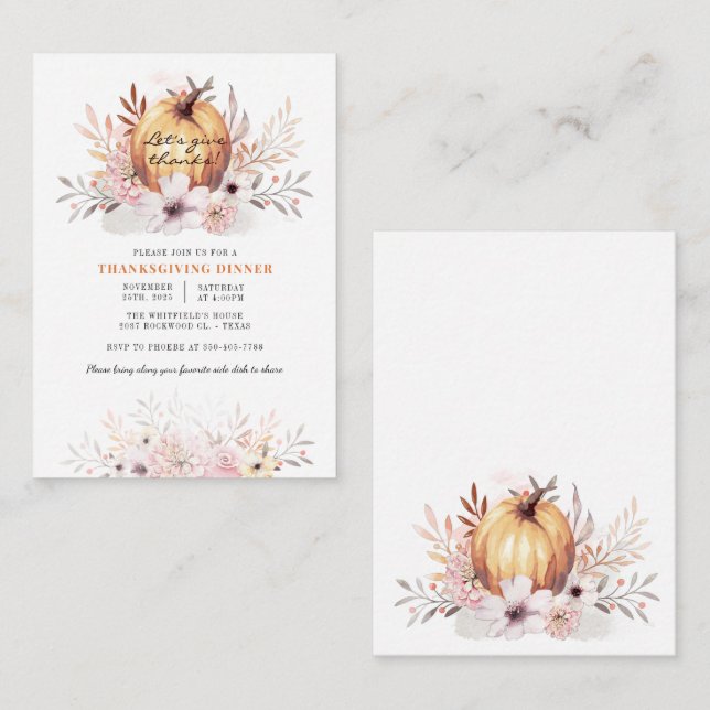 Watercolor Rustic Floral Pumpkin Thanksgiving Note Card (Front/Back)