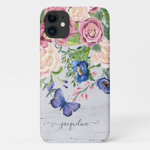 Watercolor Rustic Floral w Wood Butterfly Script iPhone 11 Case
