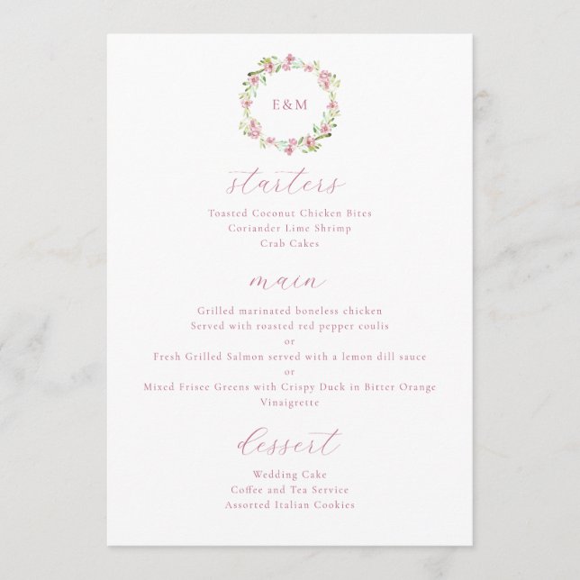Watercolor Rustic Flowers Blush Pink Menu (Front)