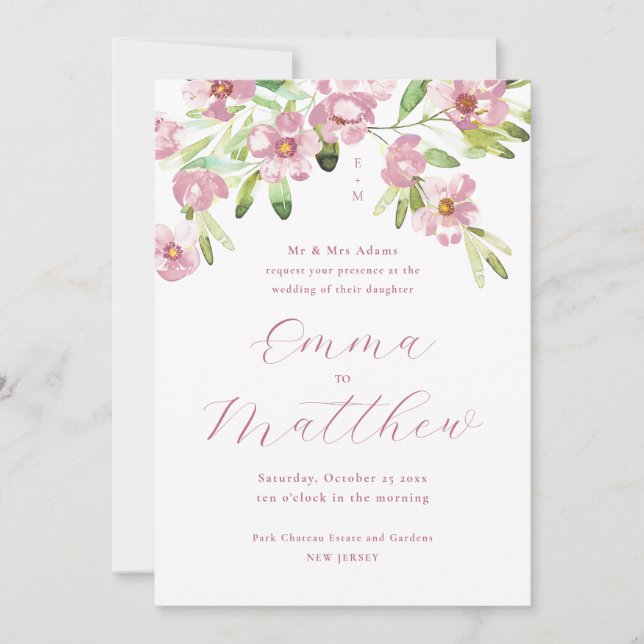 Watercolor Rustic Flowers Blush Pink Wedding Invitation (Front)