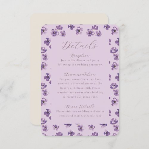 Watercolor Rustic Flowers Purple Wedding Details Enclosure Card