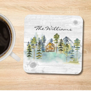 Watercolor Rustic Foggy Forest Mountain Cabin Beverage Coaster
