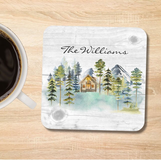 Watercolor Rustic Foggy Forest Mountain Cabin Beverage Coaster (In situ)