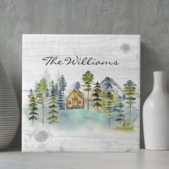 Watercolor Rustic Foggy Forest Mountain Cabin Ceramic Tile (Close up)