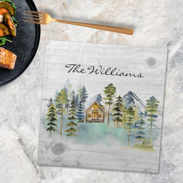 Watercolor Rustic Foggy Forest Mountain Cabin Cloth Napkin (In situ)