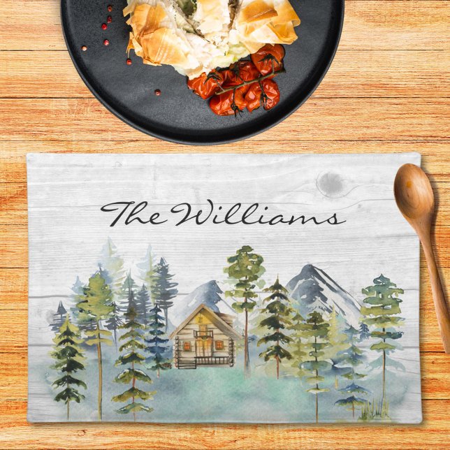 Watercolor Rustic Foggy Forest Mountain Cabin Cloth Placemat (In situ)