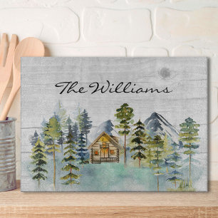 Watercolor Rustic Foggy Forest Mountain Cabin Cutting Board