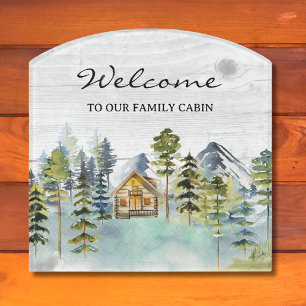 Watercolor Rustic Foggy Forest Mountain Cabin Door Sign