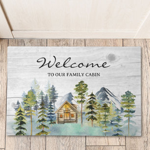 Watercolor Rustic Foggy Forest Mountain Cabin Doormat