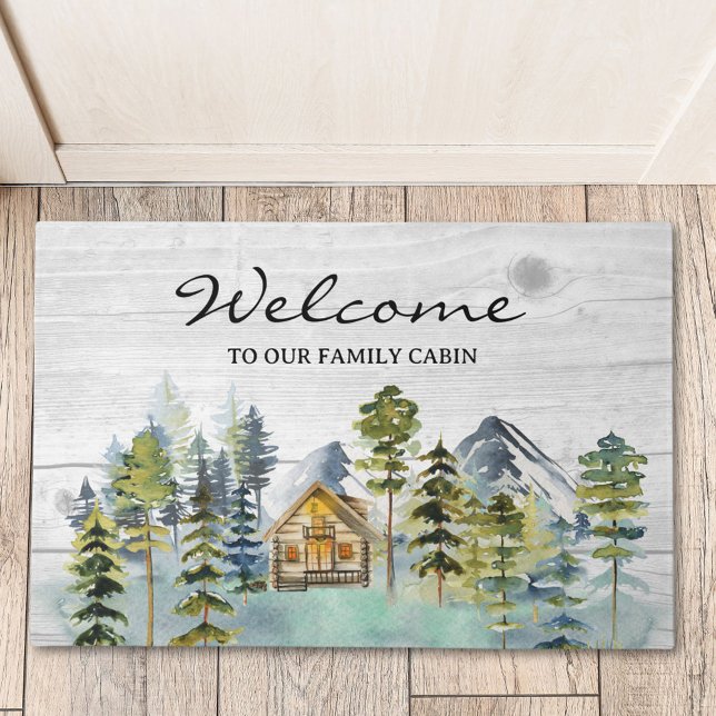 Watercolor Rustic Foggy Forest Mountain Cabin Doormat (In situ)