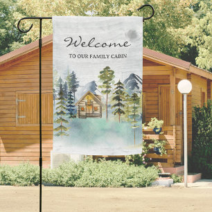 Watercolor Rustic Foggy Forest Mountain Cabin Garden Flag