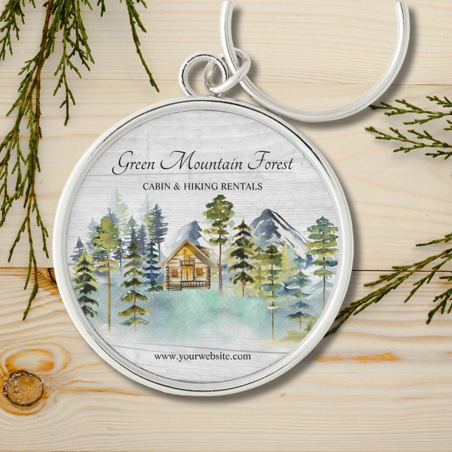 Watercolor Rustic Foggy Forest Mountain Cabin Keychain (In situ)
