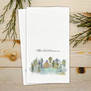 Watercolor Rustic Foggy Forest Mountain Cabin Paper Guest Towels