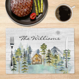 Watercolor Rustic Foggy Forest Mountain Cabin Placemat