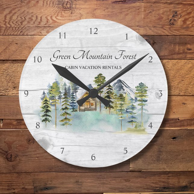 Watercolor Rustic Foggy Forest Mountain Cabin Round Clock (In situ)