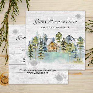 Watercolor Rustic Foggy Forest Mountain Cabin Square Business Card
