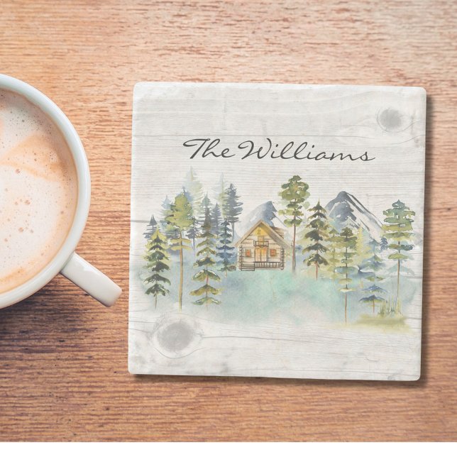 Watercolor Rustic Foggy Forest Mountain Cabin Stone Coaster (In situ)
