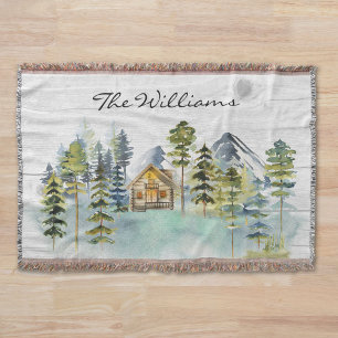 Watercolor Rustic Foggy Forest Mountain Cabin Throw Blanket