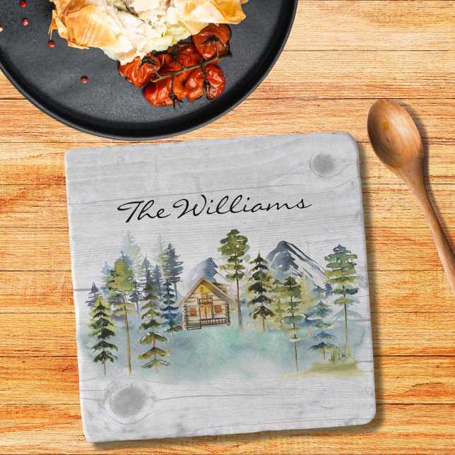 Watercolor Rustic Foggy Forest Mountain Cabin Trivet (In situ)