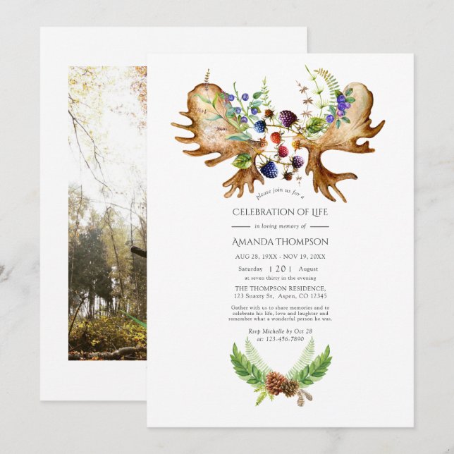 Watercolor Rustic Forest Celebration of Life Photo Invitation (Front/Back)