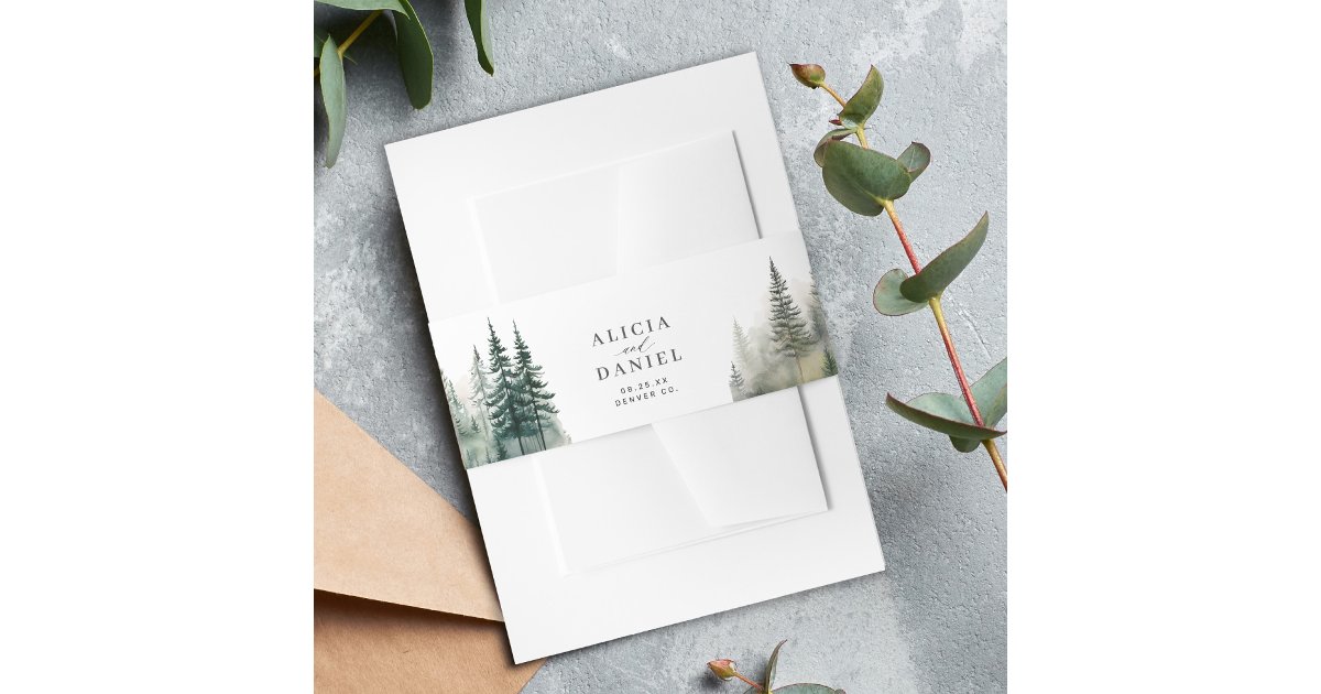 Watercolor rustic forest mountain wedding invitation belly band | Zazzle