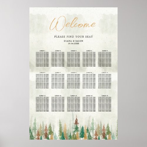 Watercolor Rustic forest pine trees seating chart