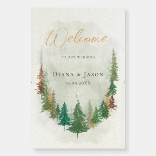 Watercolor Rustic forest pine trees welcome sign
