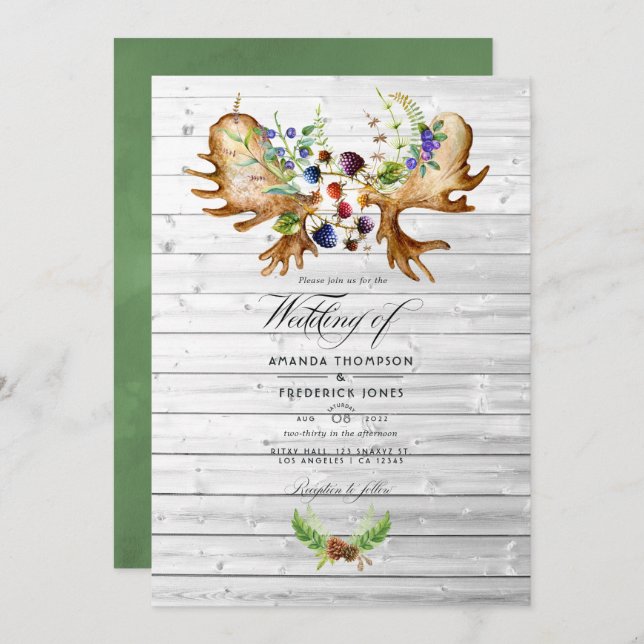 Watercolor Rustic Forest Wedding Photo Invitation (Front/Back)