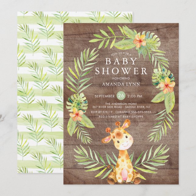 Watercolor Rustic Giraffe Baby Shower Invitation (Front/Back)