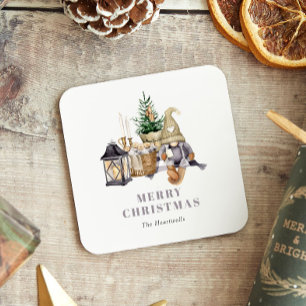 Watercolor Rustic Gnome Holiday Square Paper Coaster