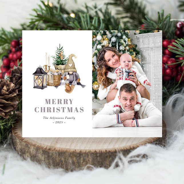 Watercolor Rustic Gnome Photo Holiday Postcard (Creator Uploaded)