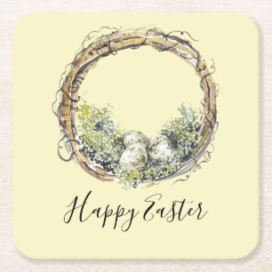 Watercolor Rustic Grapevine & Egg Nest Easter Square Paper Coaster