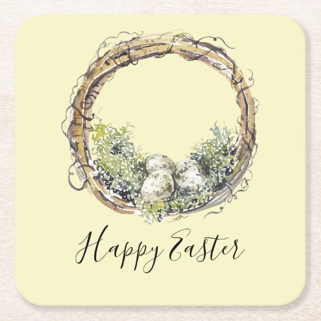 Watercolor Rustic Grapevine & Egg Nest Easter Square Paper Coaster (Front)