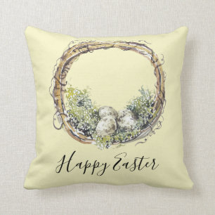 Watercolor Rustic Grapevine & Egg Nest Easter Throw Pillow
