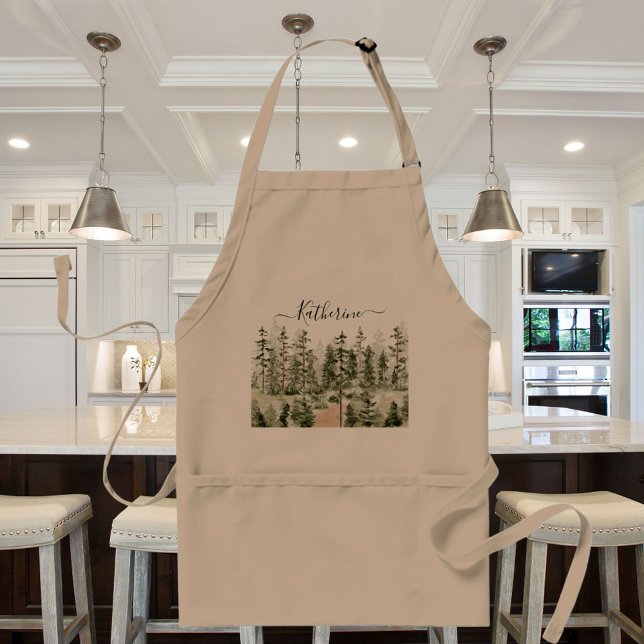 Watercolor Rustic Green Forest Adult Apron (In situ)