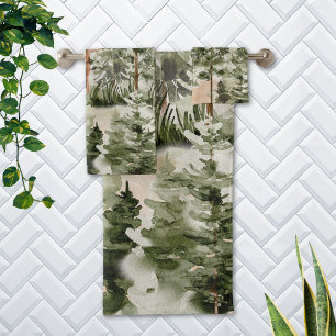 Watercolor Rustic Green Forest Bath Towel Set