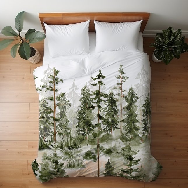 Watercolor Rustic Green Forest Duvet Cover (In situ bed)